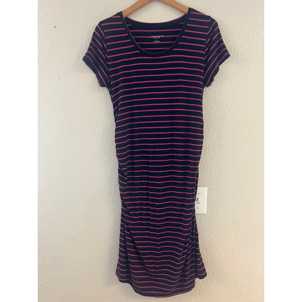 Liz‎ Lange Maternity Striped Bodycon Dress Navy Blue Pink Ruched Short Sleeve S